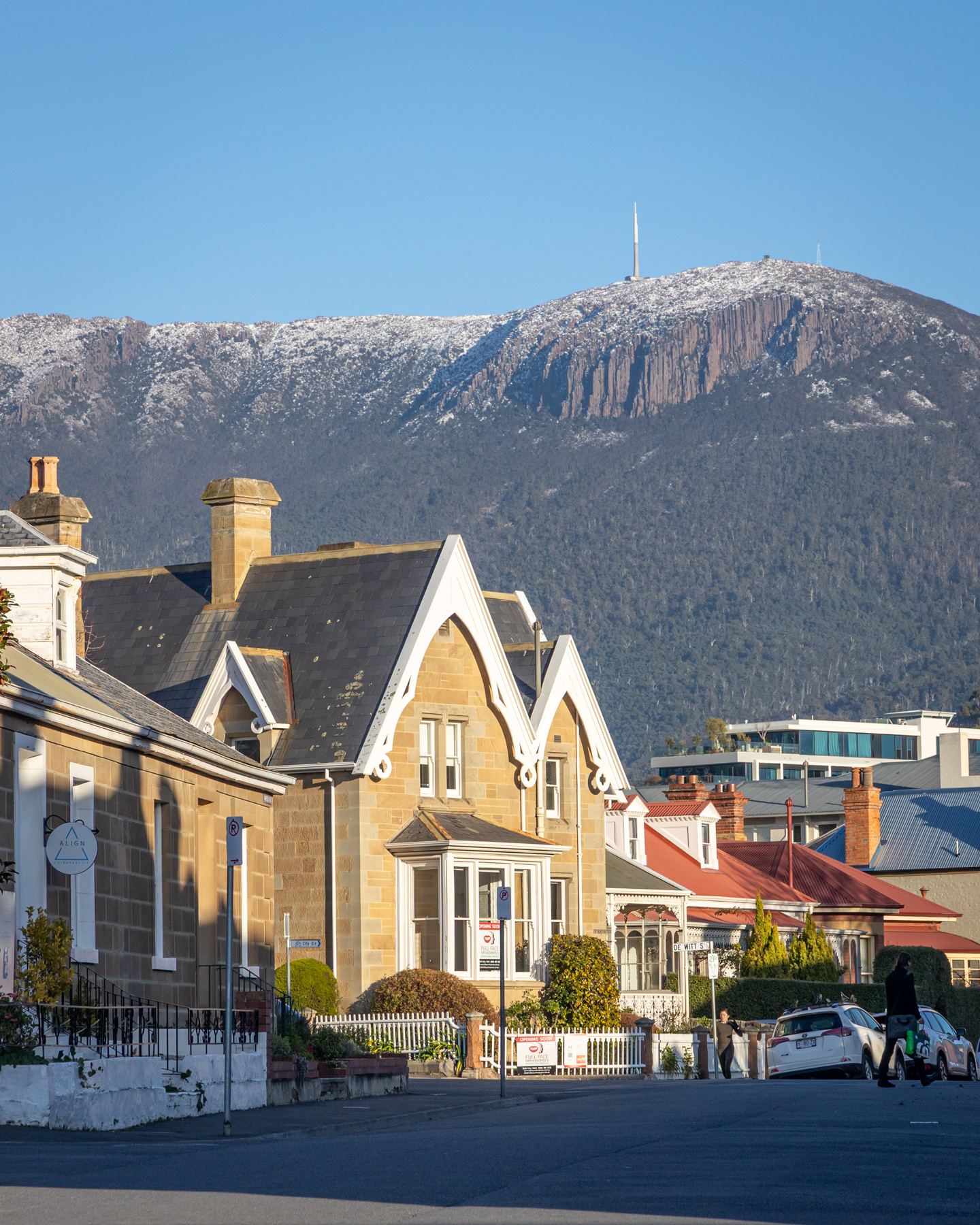 Battery Point streets with snow on kunanyi / Mount Wellington behind Hobart