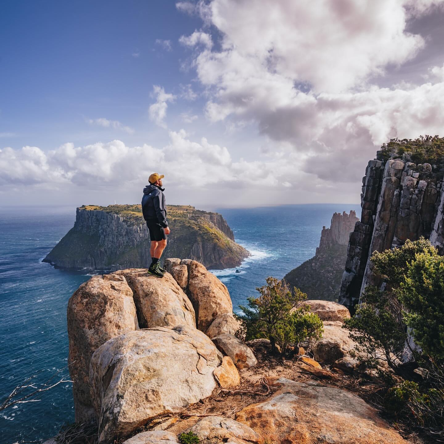 Walker above Cape Pillar with Tasman Island off the Tasman Peninsula