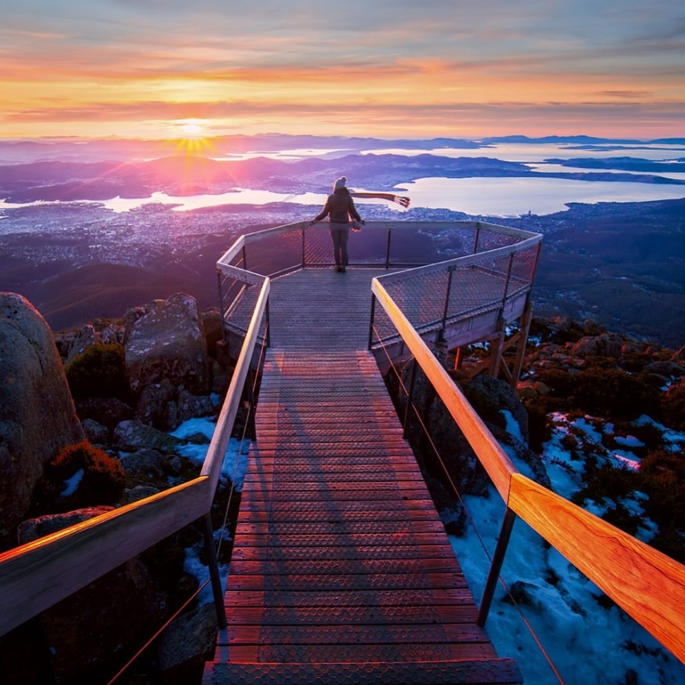 Sunrise from the summit lookout on kunanyi Mount Wellington above Hobart