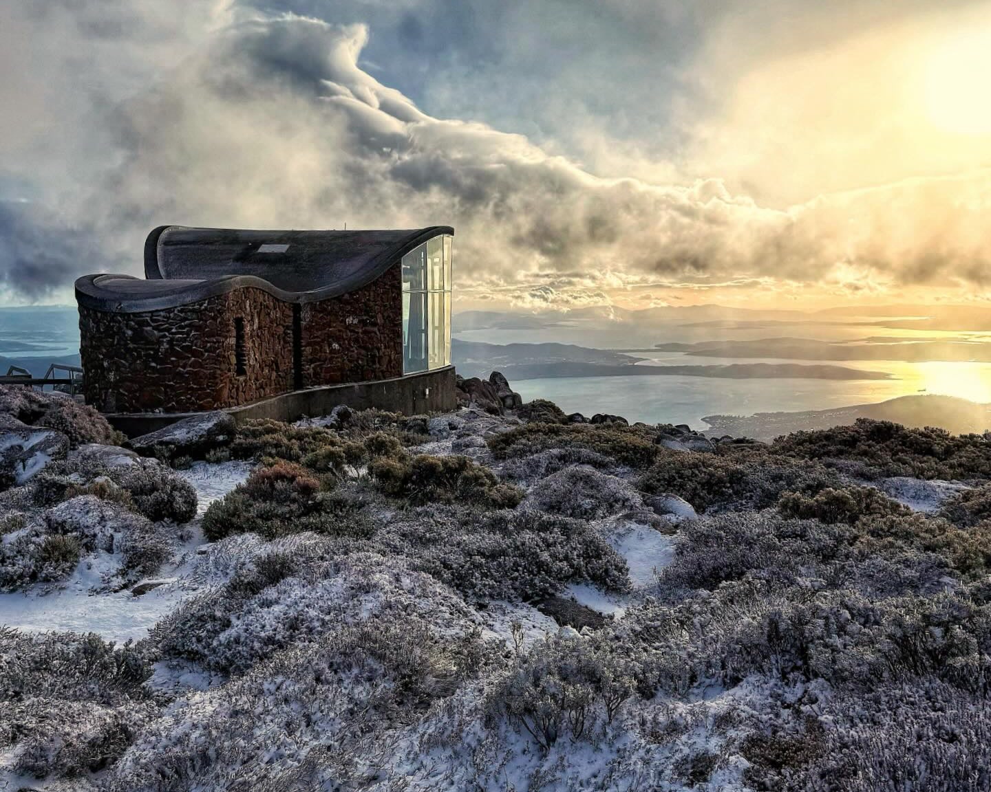 Snow around the Pinnacle shelter on kunanyi Mount Wellington above Hobart