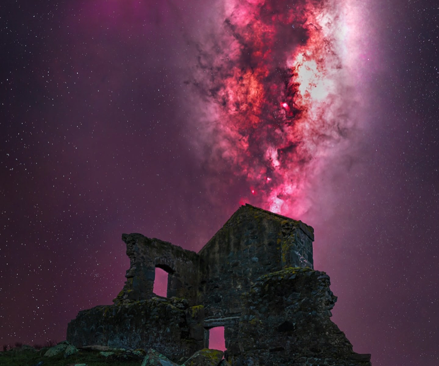 Historic stone ruins near Stanley beneath the Milky Way