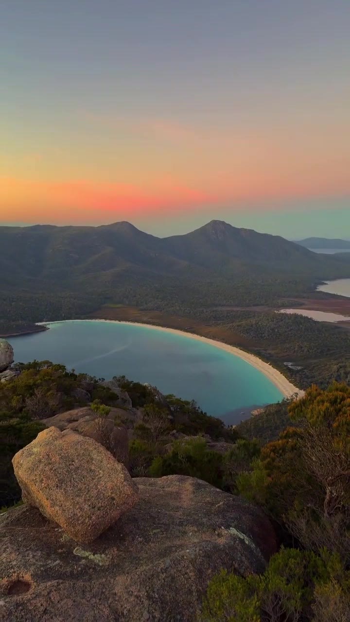 Wineglass Bay viewed from above at dusk