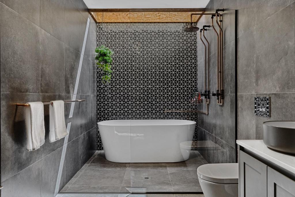 Indoor bathroom with freestanding bath